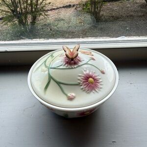 Floral Ceramic Lidded Bowl with Butterfly Accent